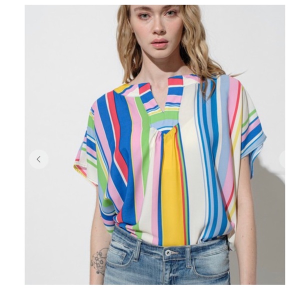 37 Boho Multi Color Loose Fit V-neck Blouse - Picture 2 of 6